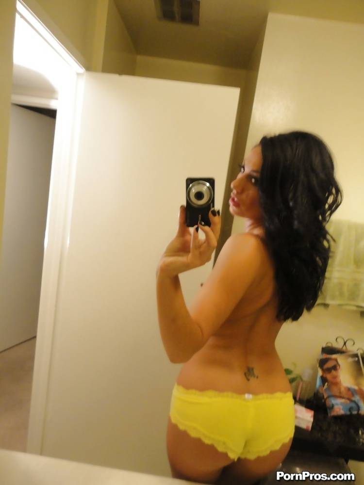 Brunette slut Tiffany Brookes taking mirror self shots while undressing - #7