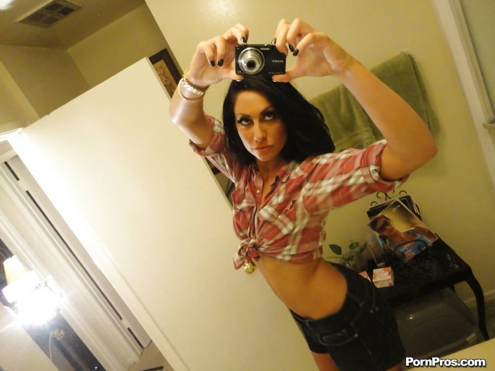 Brunette slut Tiffany Brookes taking mirror self shots while undressing - #4