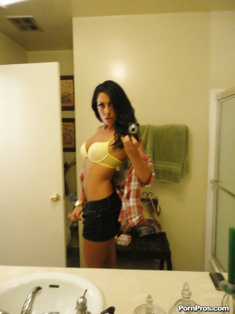 Brunette slut Tiffany Brookes taking mirror self shots while undressing - #2