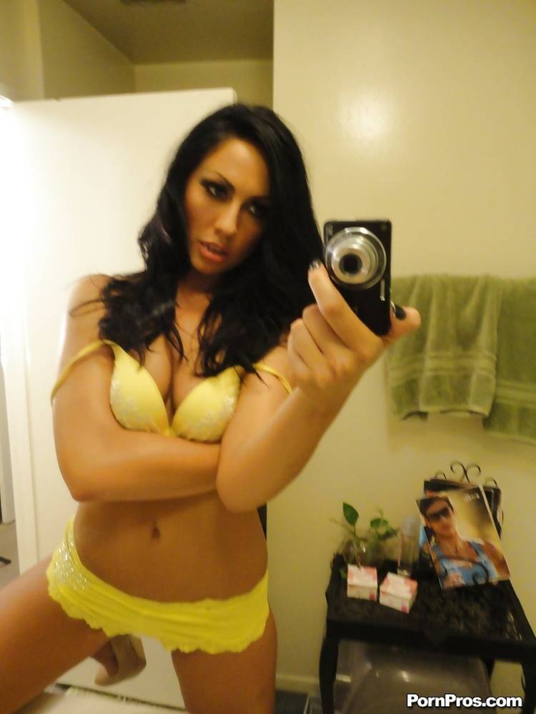 Brunette slut Tiffany Brookes taking mirror self shots while undressing - #5