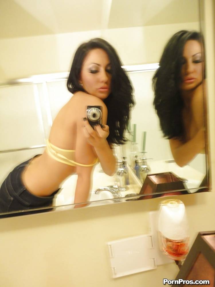 Brunette slut Tiffany Brookes taking mirror self shots while undressing - #13