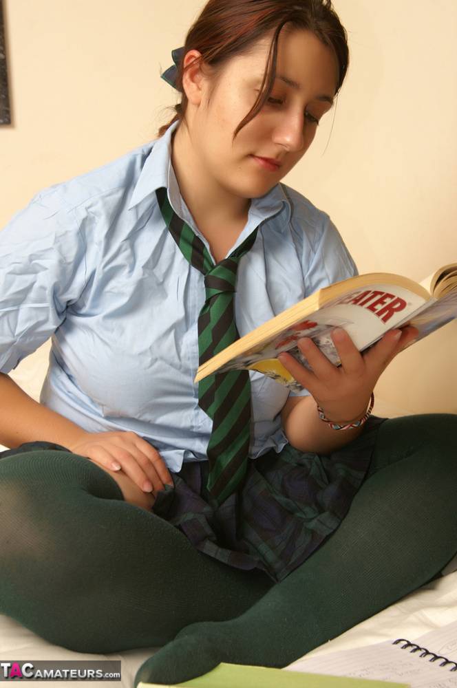 Naughty schoolgirl Kimberly Scott reading smut & masturbating her teen pussy - #11