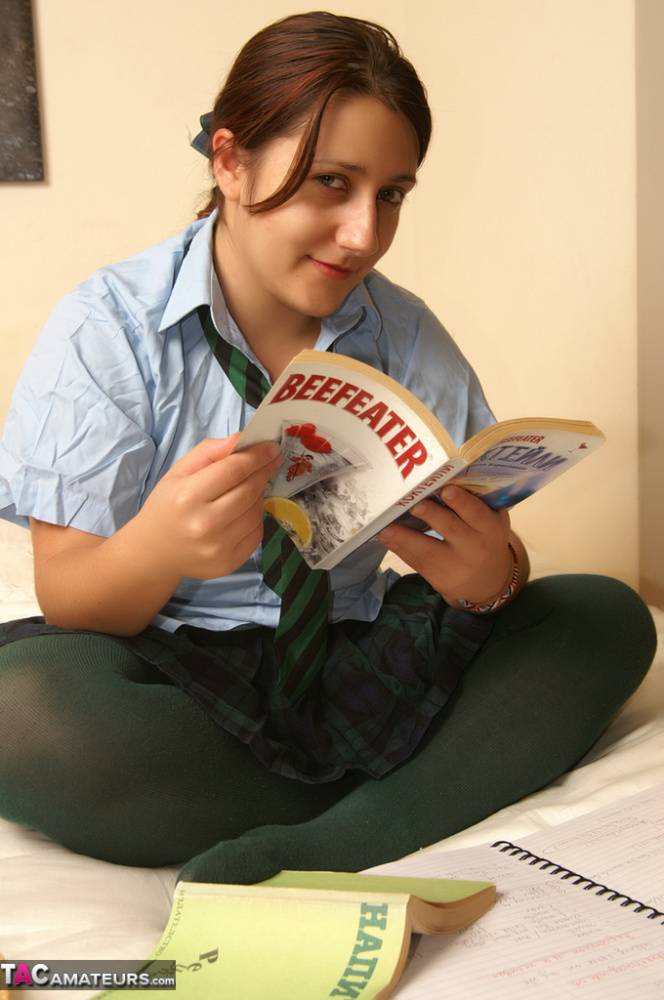 Naughty schoolgirl Kimberly Scott reading smut & masturbating her teen pussy - #13