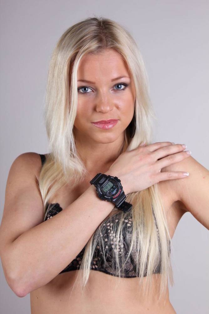 Blonde model Brittany displays her black G-Shock watch during a SFW gig - #15