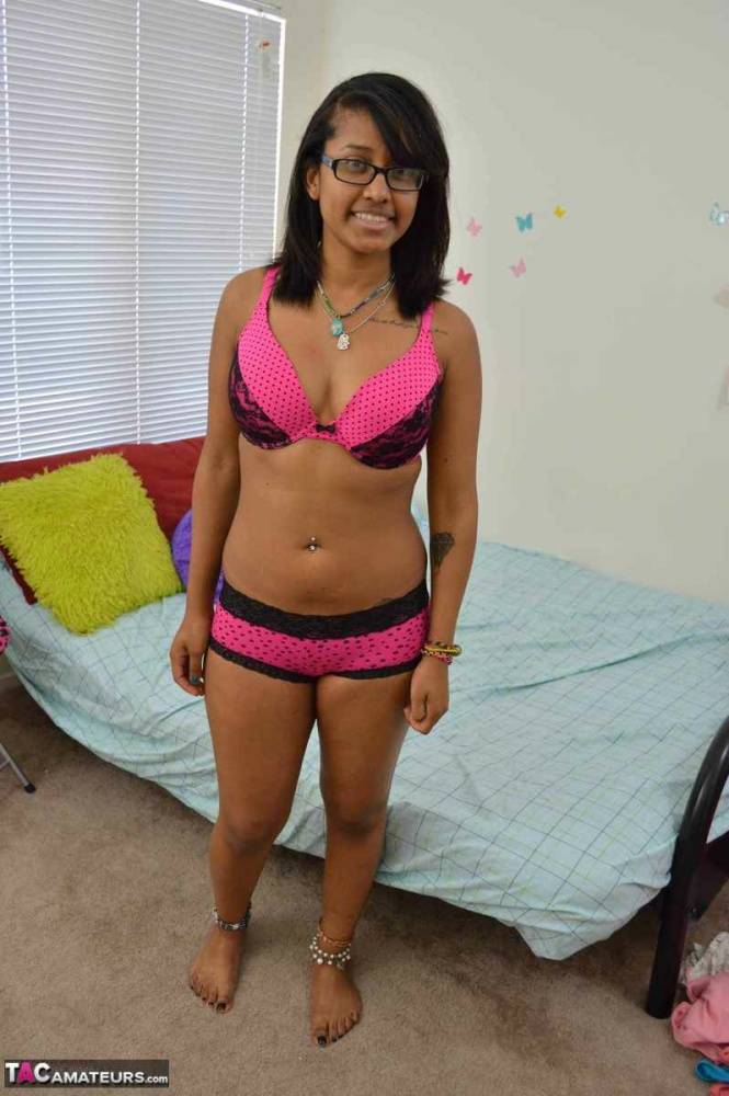 Ebony girl takes off her glasses and underthings for her first nude poses - #10