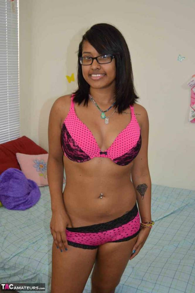 Ebony girl takes off her glasses and underthings for her first nude poses - #2
