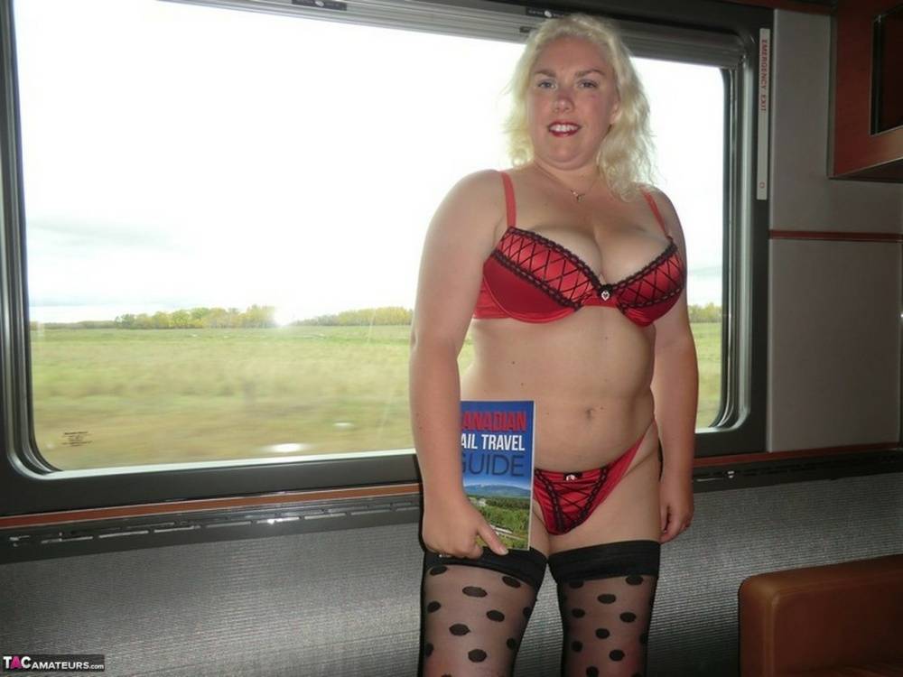 Blonde BBW Barby masturbates inside a moving train in polka-dot stockings - #15