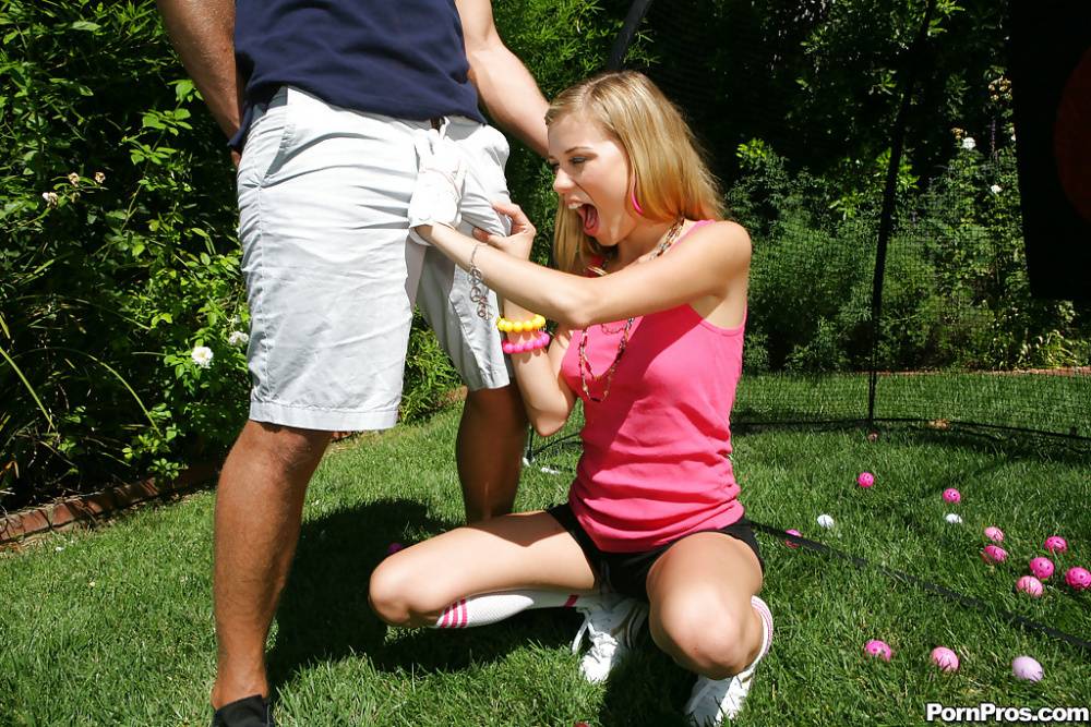 Young blonde girl Nicole Ray giving large dick oral sex outdoors on lawn - #5