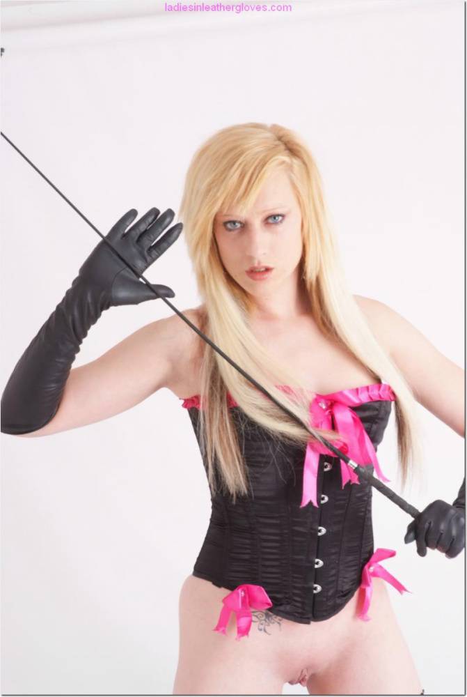 Pale UK female Axajay finger spreads her pink pussy with black leather gloves - #9