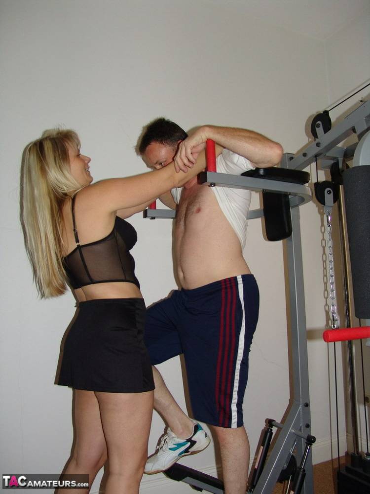 Mature blond Sweet Susi seduces and fucks her man on home gym equipment - #5