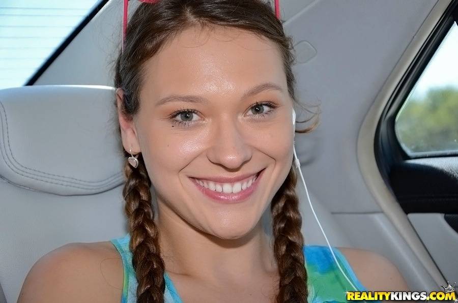 Frisky teen with pigtails gets tricked into handjob in the car - #7