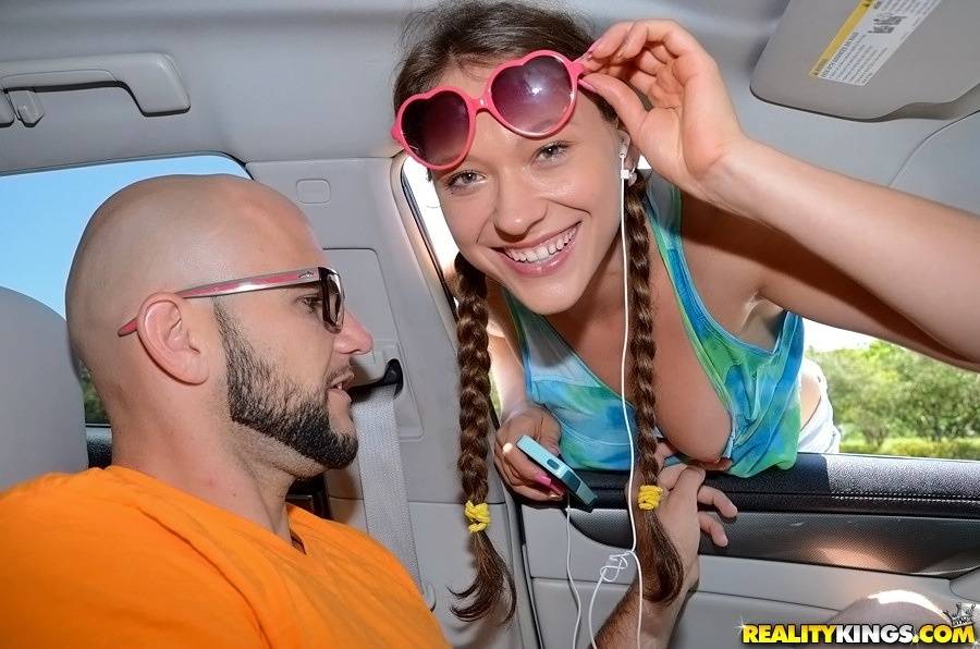 Frisky teen with pigtails gets tricked into handjob in the car - #8
