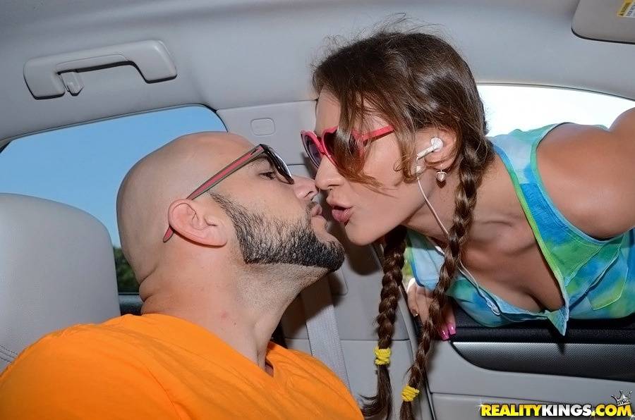 Frisky teen with pigtails gets tricked into handjob in the car - #14