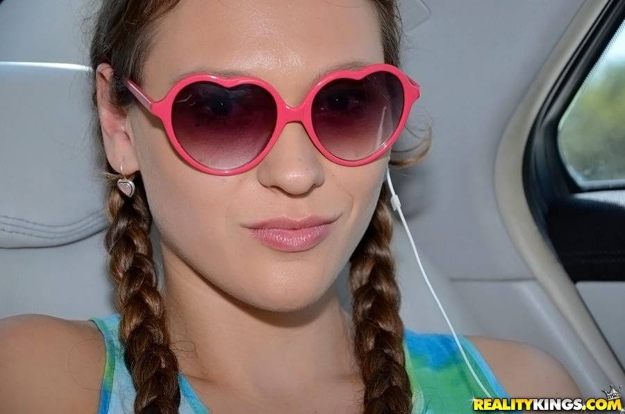 Frisky teen with pigtails gets tricked into handjob in the car - #5