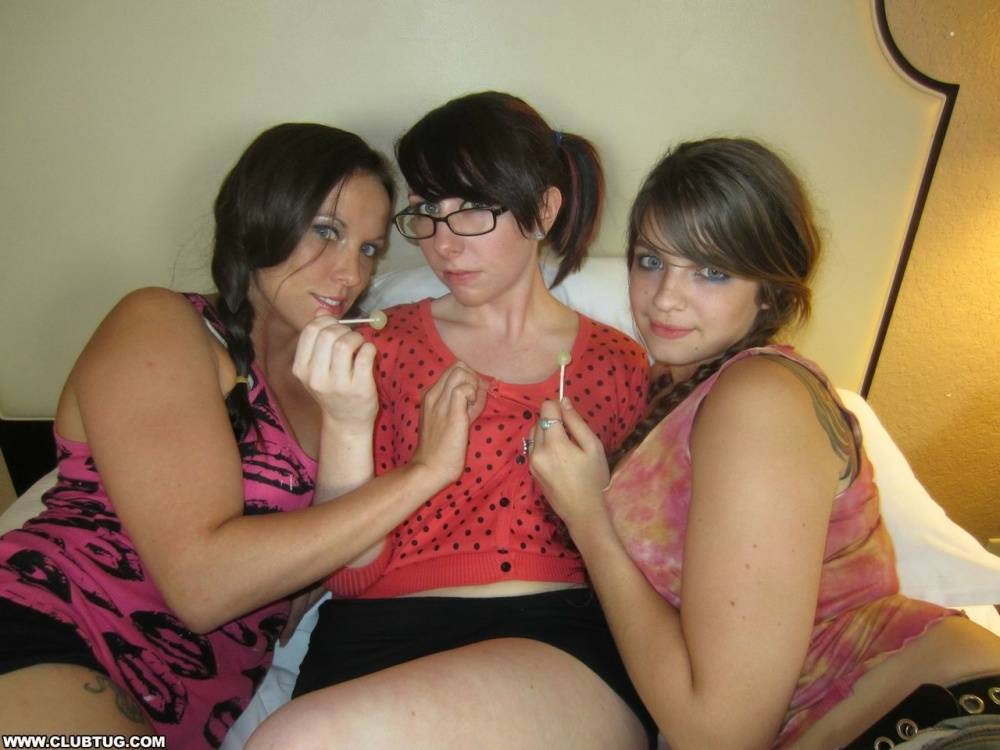 Three coeds in pigtails decide to give sleeping guy a hot handjob topless - #8
