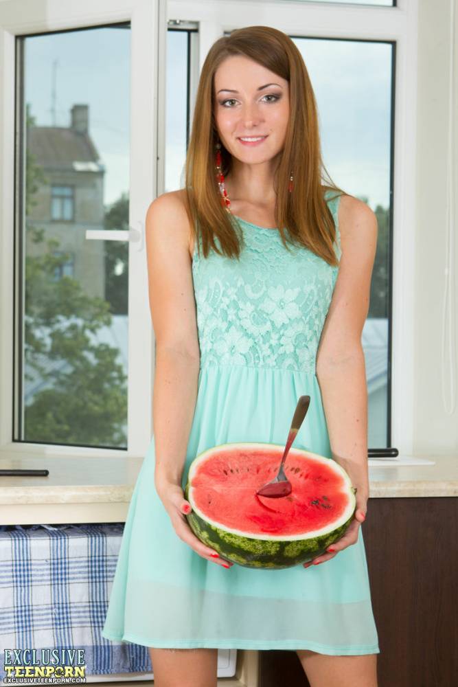 Sweet teen girl Teddy scoops at a watermelon before fingering her pink pussy - #4