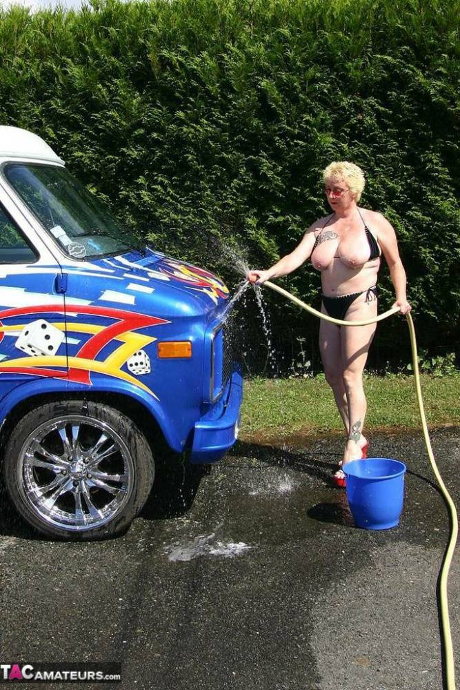 Mature blonde Mary Bitch gets bare naked while washing a class B motorhome - #11