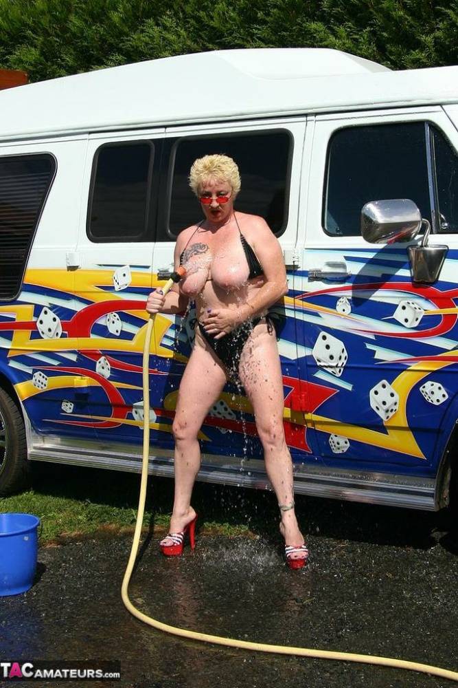 Mature blonde Mary Bitch gets bare naked while washing a class B motorhome - #12