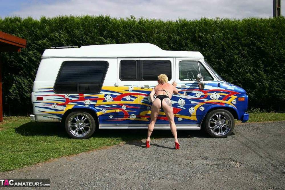 Mature blonde Mary Bitch gets bare naked while washing a class B motorhome - #2