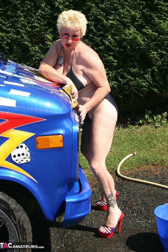 Mature blonde Mary Bitch gets bare naked while washing a class B motorhome - #9