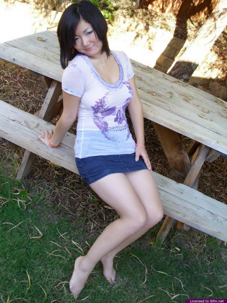 Busty Asian amateur shows the pink of her teen pussy on a picnic table - #5