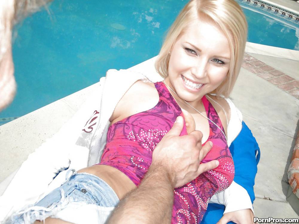 Blonde teenager Vanessa Cage screwing large dick in backyard by swimming pool - #16