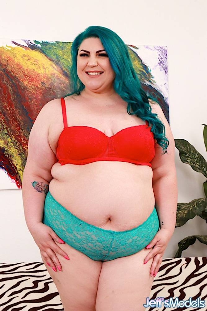 Obese female Bella Bendz sports long dyed hair while getting naked in heels - #10