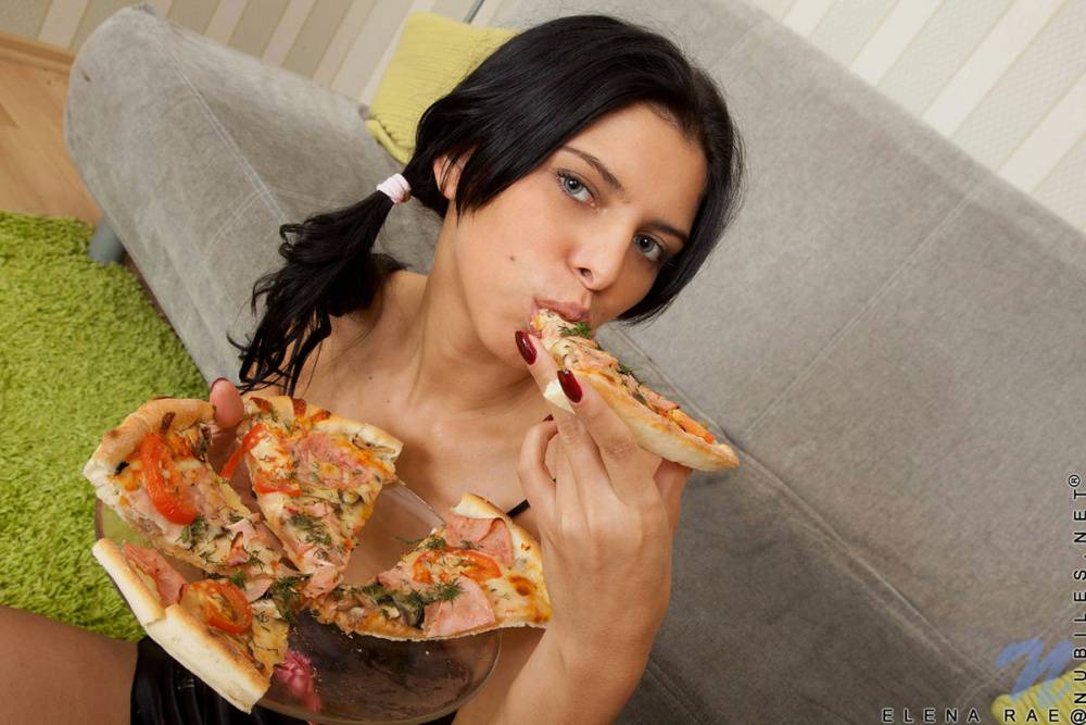Young brunette Elena Rae eats a pizza before masturbating with a vibrator - #10