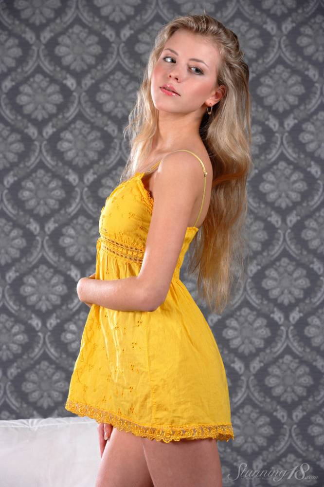 Coy model Barbara D doffs her yellow dress to reveal a smooth shaved pussy - #5