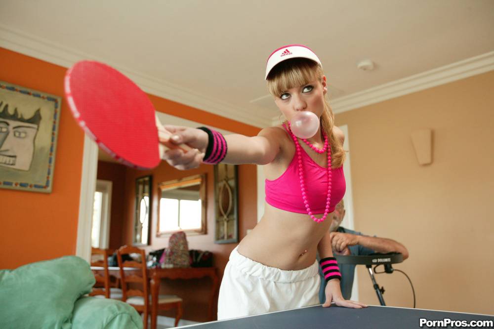 Young blonde Nicole Ray fucks a really old guy after losing ping pong game - #1