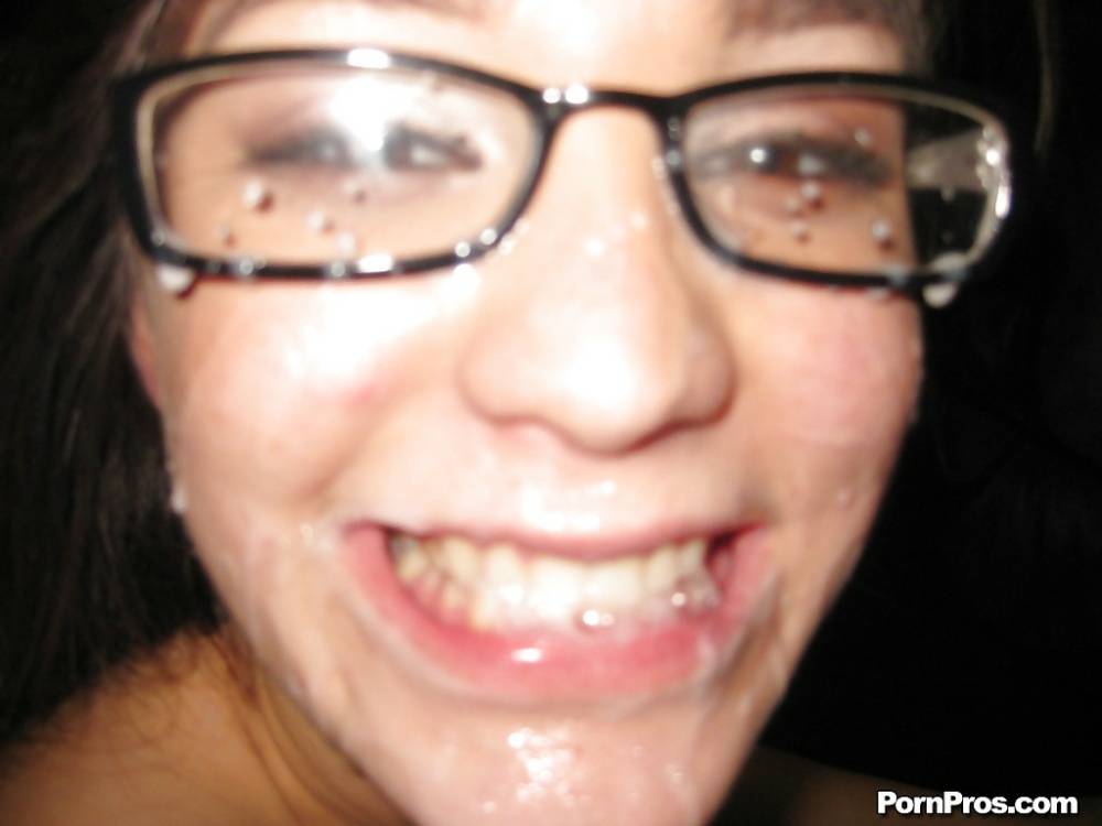 Nerdy 18 year old Holly Michaels taking cumshot on glasses after backyard BJ - #16