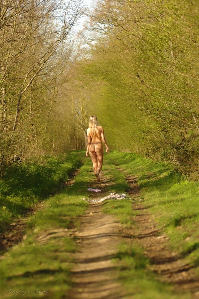 Blonde girl Hayley Marie Coppin loses all her clothes on a wood's road - #12
