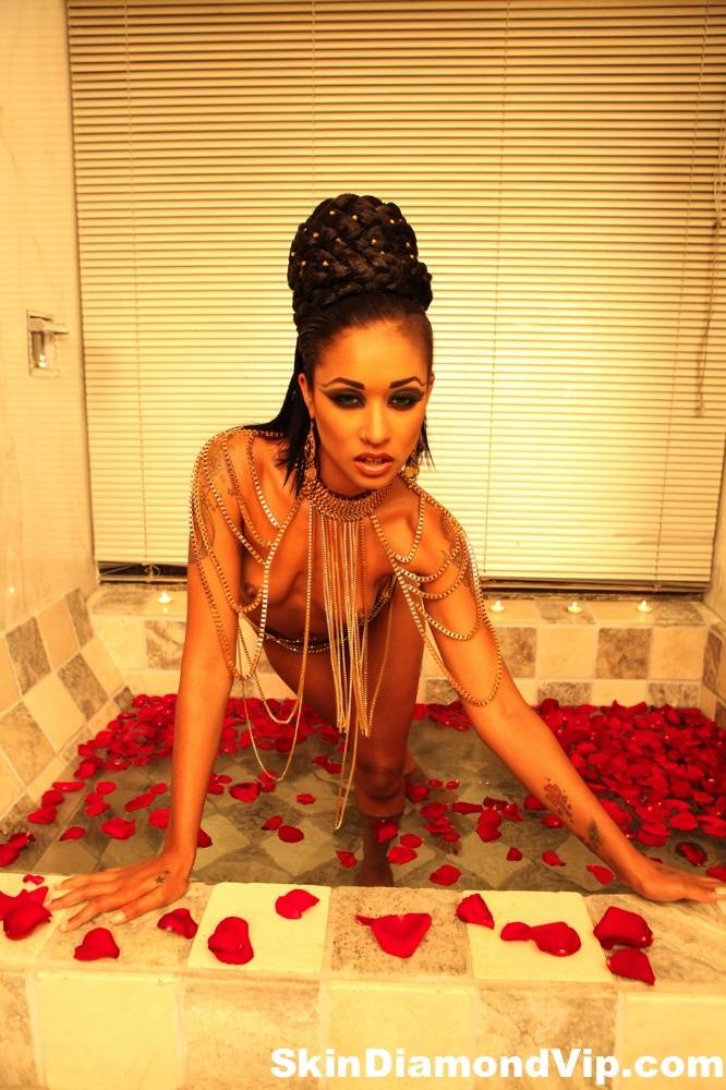 Black MILF Skin Diamond poses naked in bathtub full of red petals - #4