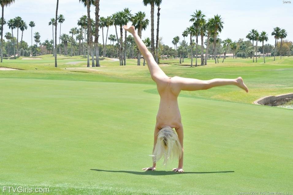 Adorable blonde teen with an ass to die for does a handstand on putting green - #12
