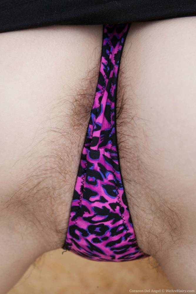 Brunette solo girl Corazon Del Angel parts the pink of her hairy bush - #4