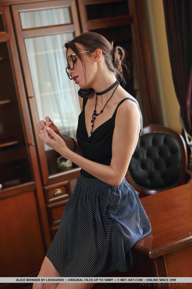 Nice teen Alice Wonder takes off her glasses and dress to pose totally naked - #12