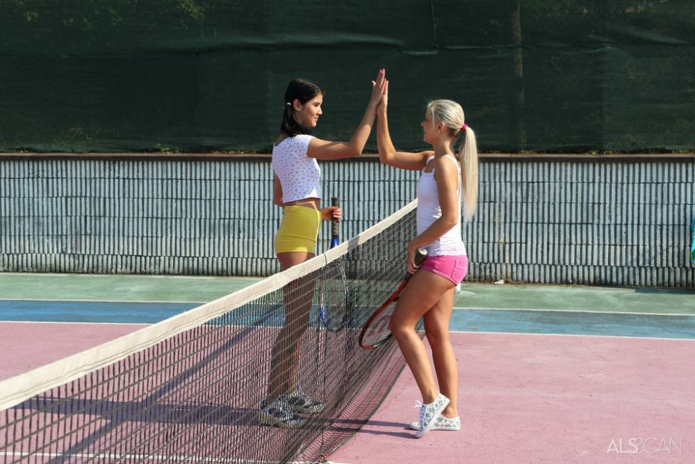 Young girls toy each others pussy on a bench after a tennis match - #13