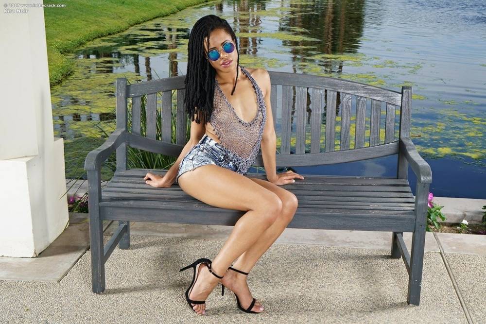 Beautiful long legged Kira Noir doffs booty short outdoors to spread pussy - #15