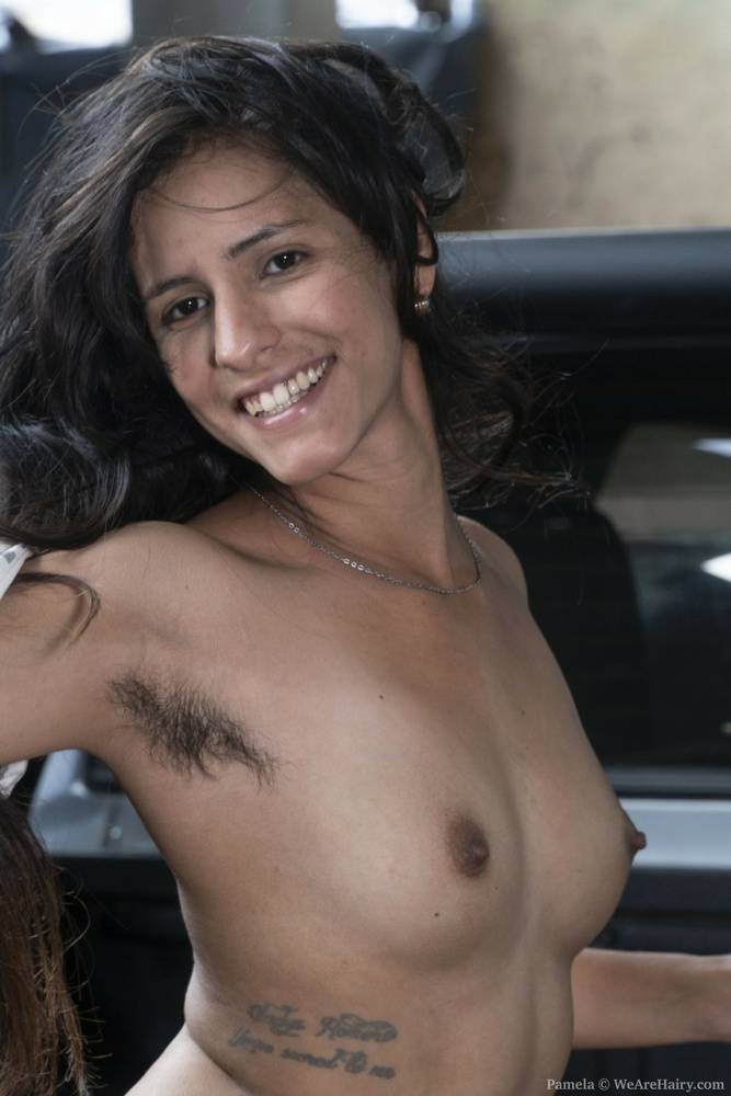 Amateur girl displays her hairy underarms and beaver in the bed of a pickup - #11