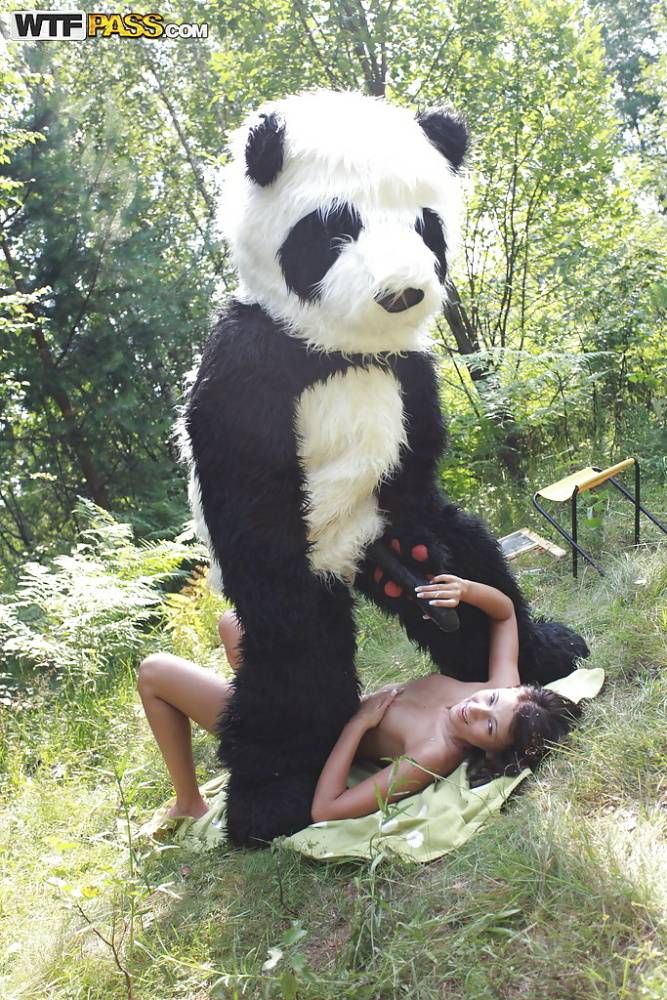 Naughty teen cutie with svelte body have some fun with a panda toy outdoor - #5