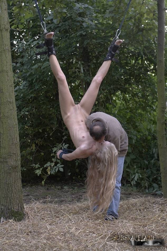 Young blonde girl has her hair pull after being suspended upside down in woods - #4