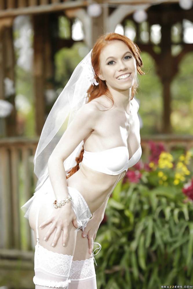 Redhead teen babe Dolly Little stripping off wedding dress outdoors - #14