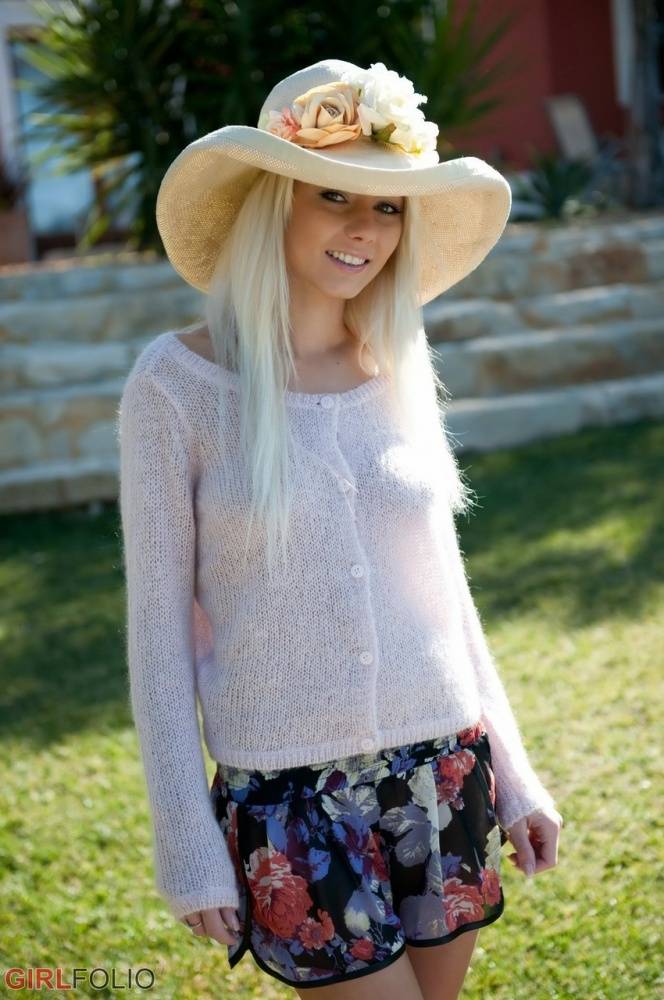 Blonde with a hat Grace showing her bald twat and perky tits outdoors - #1