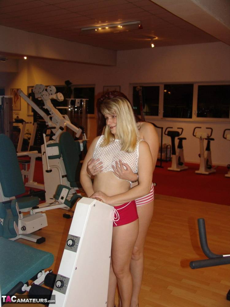 Blonde amateur Sweet Susi & her lesbian girlfriend go topless on gym equipment - #13