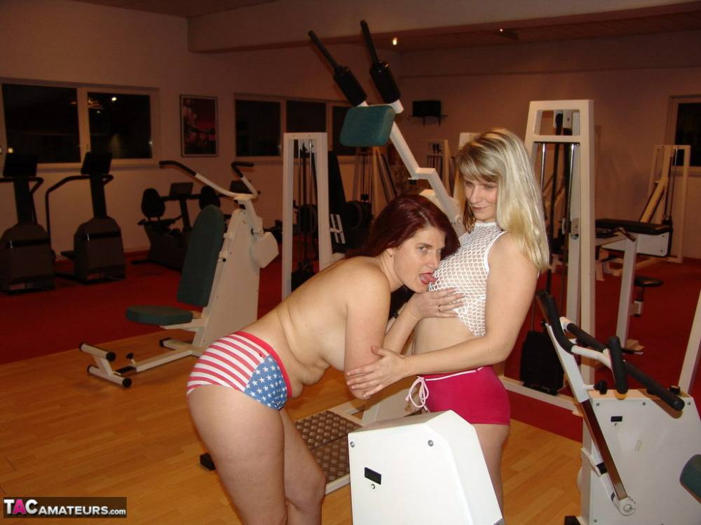 Blonde amateur Sweet Susi & her lesbian girlfriend go topless on gym equipment - #15