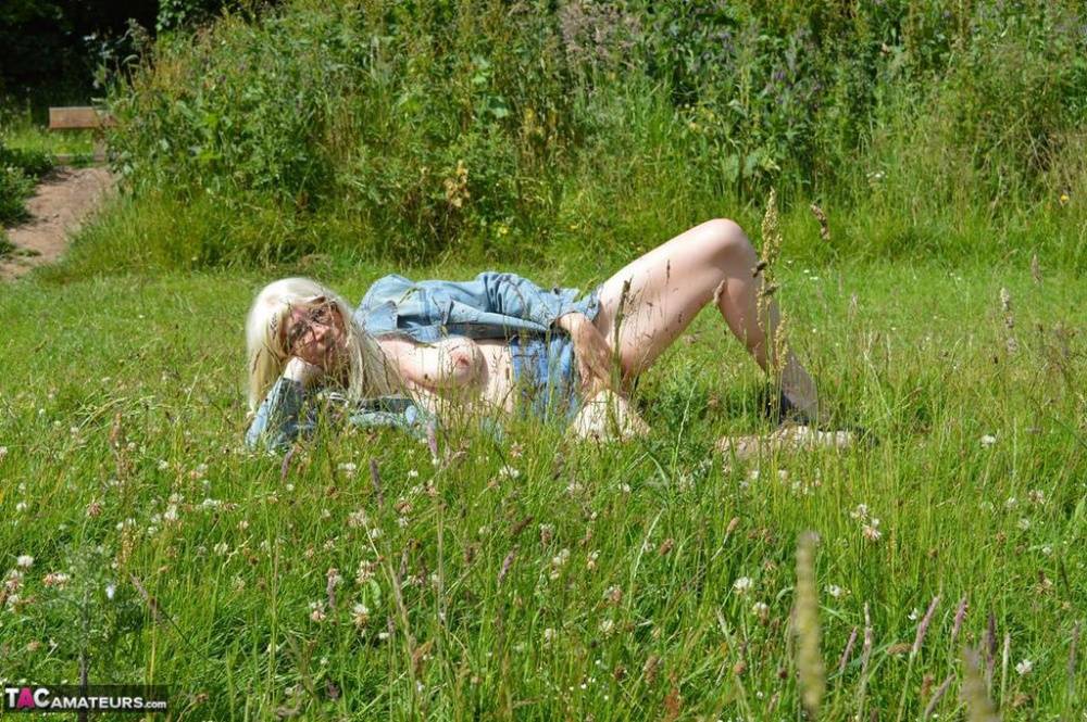 Older blonde Barby Slut exposes herself while wandering park lands - #2