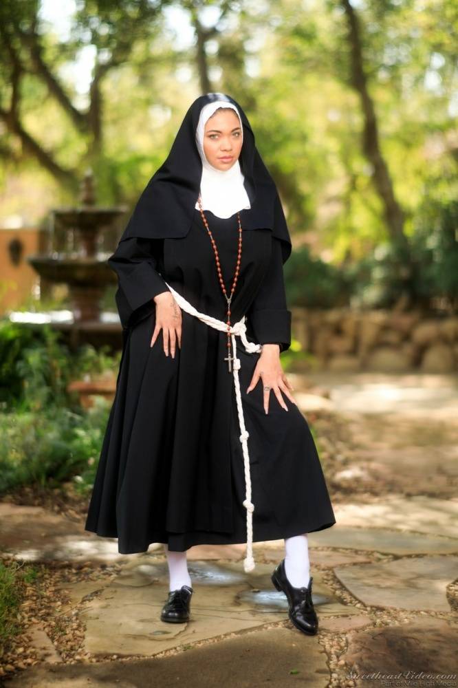 Thick nun bares her big naturals before showing her ass and twat in courtyard - #3