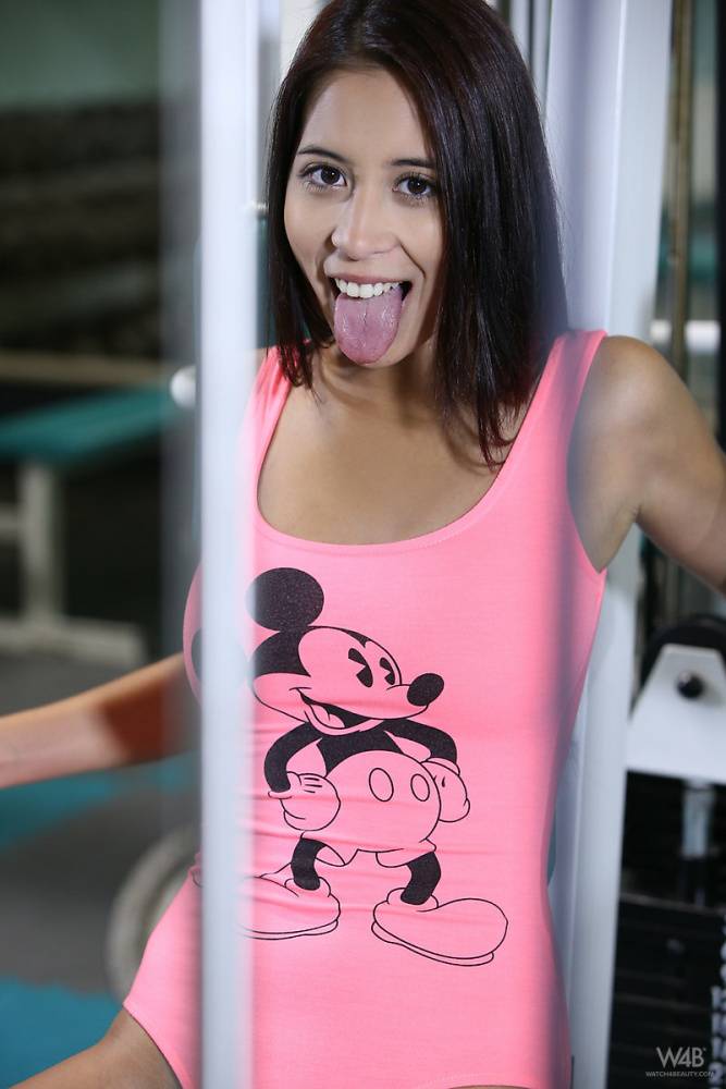 Cute teen brunette Paula Shy shows her little pink pussy at naked gym workout - #9