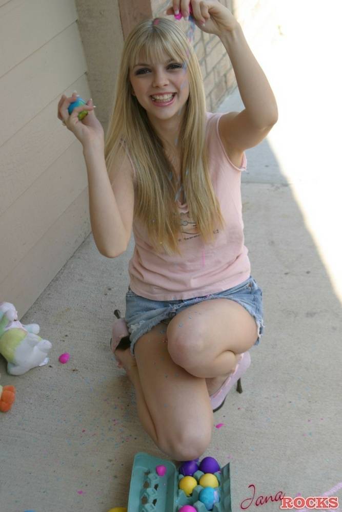 Sweet blonde teen Jana Jordan flashes upskirt panties while eating chocolate - #8