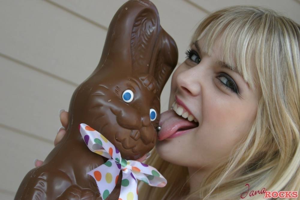 Sweet blonde teen Jana Jordan flashes upskirt panties while eating chocolate - #12